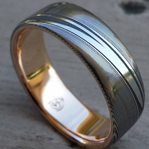 Damascus steel ring 18k rose Gold & Stainless Damascus steel   &quot;dark wood-grain&quot; ( customizable) mens rings mens wedding bands