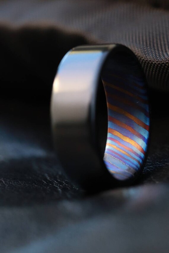8mm black titanium ring Black / ZrTi brushed ziconium timascus ring,black timascus ring, mens rings weddingrings, zirconium damascus