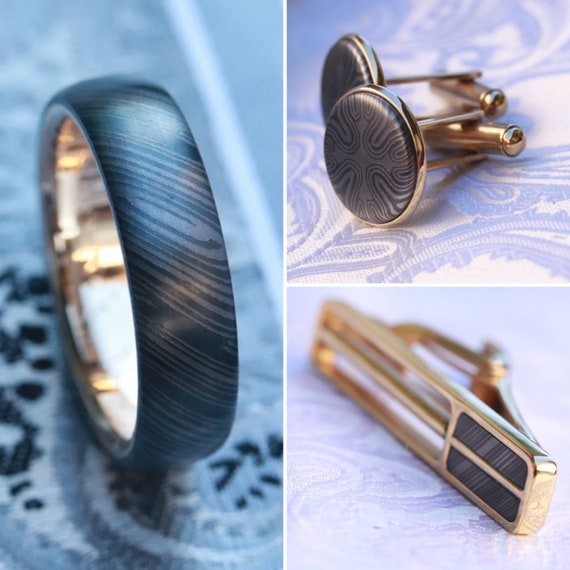 18k Timascus set, tie clip, damascus cufflinks, 18k solid gold ring, Zirconium /Niobium damascus set wedding set