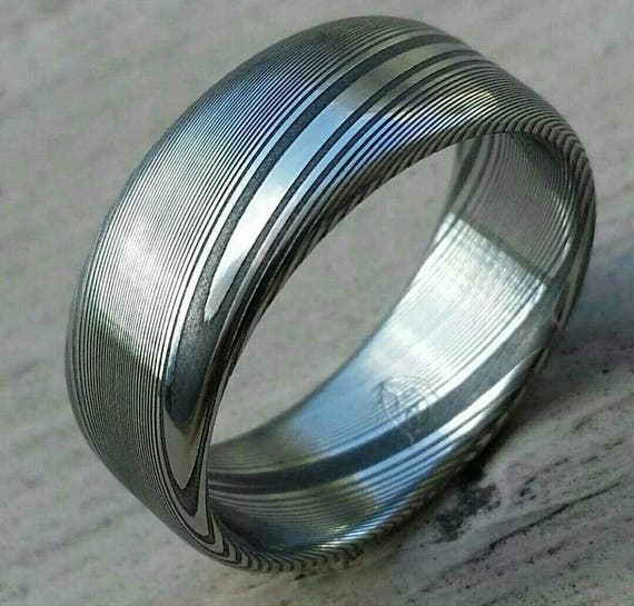 10mm Stainless steel Damascus "wood-grain" dark etch, damascus steel ring,  damascus ring
