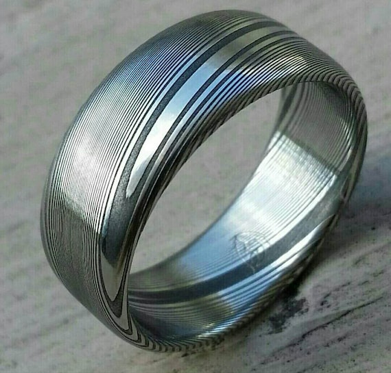 10mm Stainless steel Damascus "wood-grain" dark etch, damascus steel ring,  damascus ring