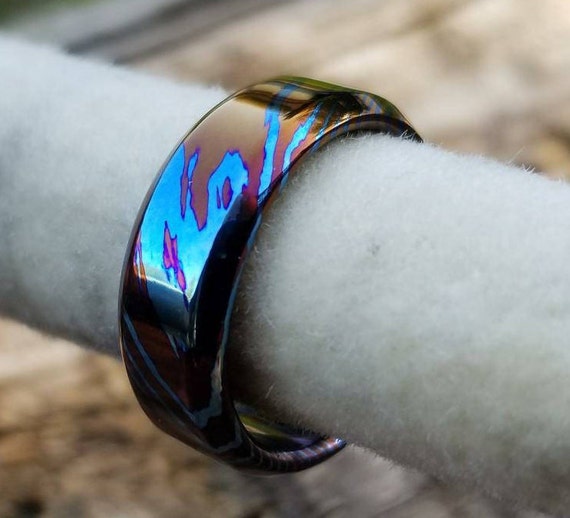 Timascus ring 7-8mm titanium damascus mens chamfered ring