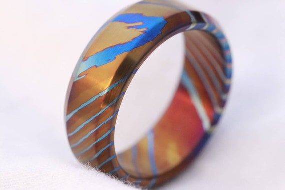 Timascus ring 7-8mm ring mokuti chamfered ring colorful ring wedding band satin finish wedding band