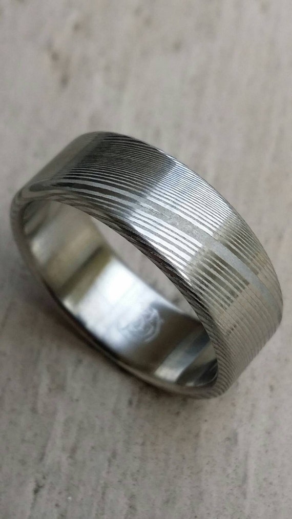 Damascus ring Stainless steel Damascus "WOODGRAIN" Customizable ring! Med /light color etch damascus steel ring