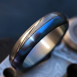 Titanium &  Damascus steel - stainless damasteel damascus mens ring wedding band 5mm wedding band traditional ring blue titanium ring