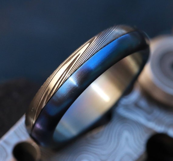 Titanium &  Damascus steel - stainless damasteel damascus mens ring wedding band 5mm wedding band traditional ring blue titanium ring