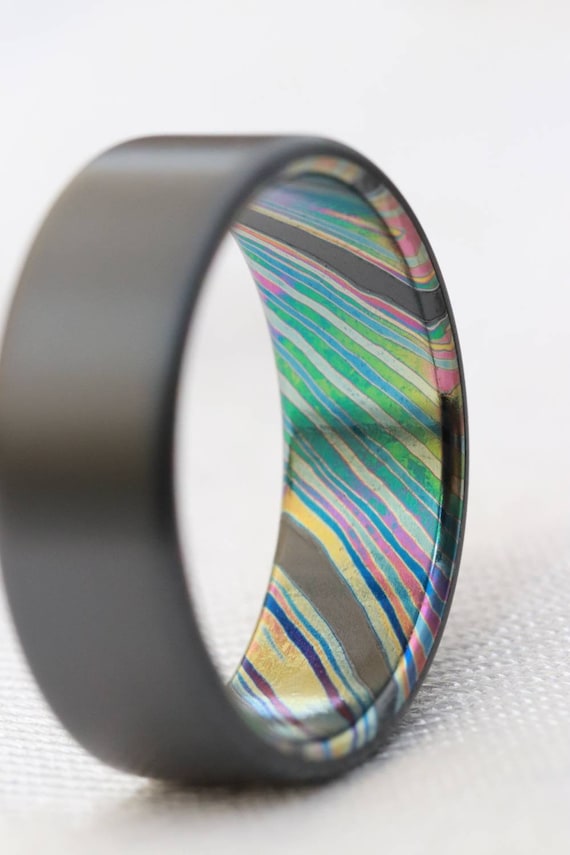 Black ring zirconium and timascus mens ring