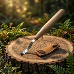 Puede incluir: Un cuchillo de gancho con mango de madera marrón claro y hoja de metal curvada, acompañado de una pequeña funda de cuero color canela con dos botones de presión metálicos color latón, sobre una rodaja de tronco con anillos visibles.