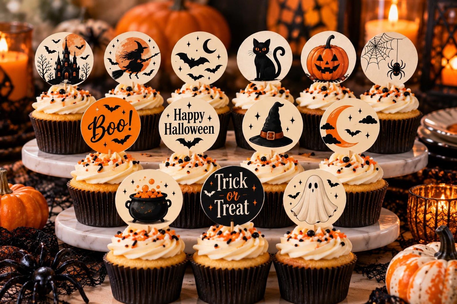 A Coordinated Round-Topper Dessert Stand Halloween cupcake display preview with round pumpkin, ghost, bat and message toppers.