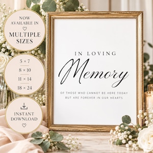 May include: A rectangular gold-toned frame containing a white sign with black text that reads: IN LOVING Memory OF THOSE WHO CANNOT BE HERE TODAY BUT ARE FOREVER IN OUR HEARTS. Circular badges indicate availability in 5x7, 8x10, 11x14, and 18x24 inch sizes.