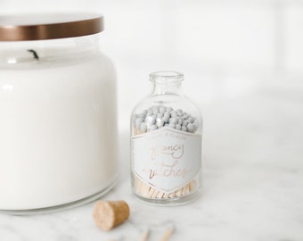 Gray colored matches in a glass jar | Glass Match Jar with pink tipped matches and cork | Glass jar of red matches | Dusty Blue matchsticks