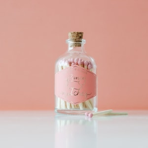 Pink colored matches in a glass jar Glass Match Jar with rose tipped matches and cork Glass jar of matches Rainbow matchsticks image 1