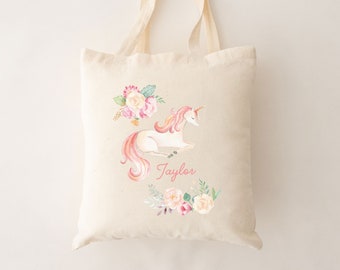 Custom Floral Unicorn Tote Bag.  Whimsical Unicorn Tote bag customized with name.  Personalized unicorn tote bag.  Unicorn birthday party.