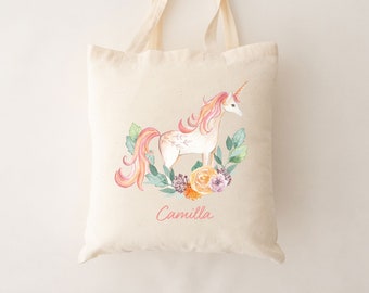 Custom Floral Unicorn Tote Bag.  Whimsical Unicorn Tote bag customized with name.  Personalized unicorn tote bag.  Unicorn birthday party.