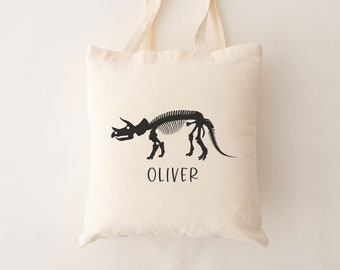 Custom Dinosaur Tote Bag.  Fossil tote bag. Gusseted tote bag customized with name.  Custom kids book bag.  Dinosaur birthday party favors