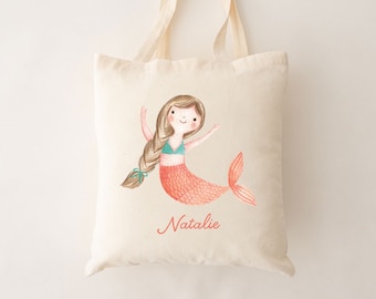 Custom Mermaid Tote Bag.  Swim bag customized with name.  Custom girls swim lessons tote bag.  Mermaid birthday party favors.