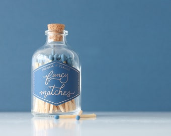 Navy Blue colored matches in a glass jar | Glass Match Jar with pink tipped matches and cork | Glass jar of matches | Rainbow matchsticks