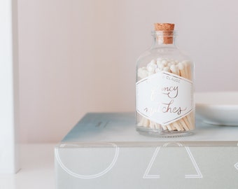 White colored matches in a glass jar | Glass Match Jar with pink tipped matches and cork | Glass jar of matches | Rainbow matchsticks