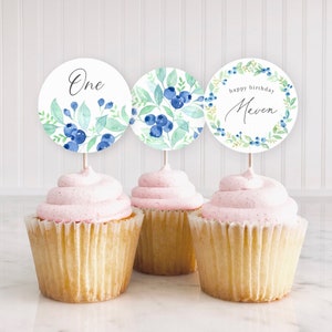 Printable Berry Birthday Cupcake Toppers | Berry Sweet First Birthday | Digital Blueberry Printable Birthday Party Decor | BDAY-001-Topper