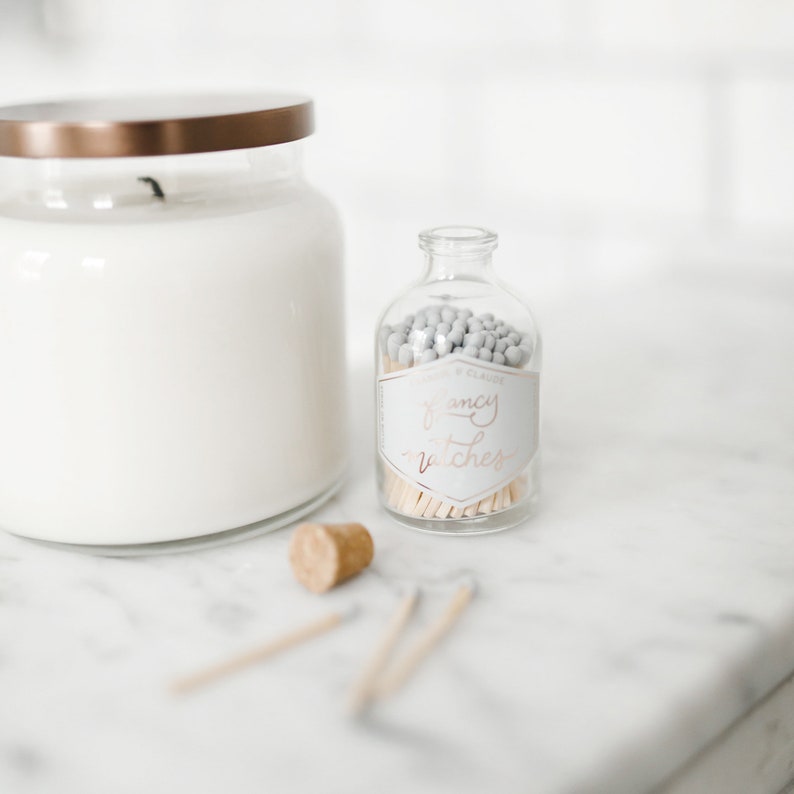 Pink colored matches in a glass jar Glass Match Jar with rose tipped matches and cork Glass jar of matches Rainbow matchsticks Gray