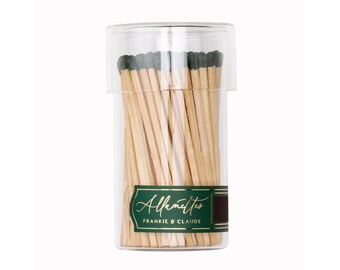 Forest Green matches in a glass jar | Allumette Match Jar with tall green tipped matches | Glass jar of matches | Dark Green matchsticks