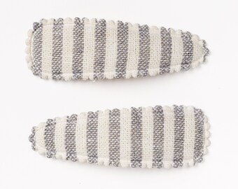 Gray & White Striped Linen Hair Clips | Scalloped Edge, Set of 2