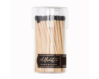 Black matches in a glass jar | Allumette Match Jar with tall black tipped matches | Glass jar of matches