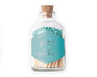 Aqua Pool colored matches in a glass jar | Glass Match Jar with aqua tipped matches and cork | Glass jar of matches | Aqua matchsticks