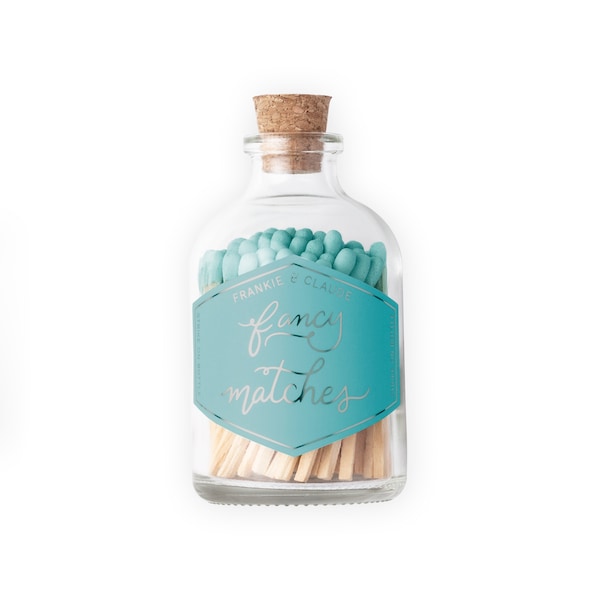 Aqua Pool colored matches in a glass jar | Glass Match Jar with aqua tipped matches and cork | Glass jar of matches | Aqua matchsticks