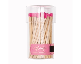 Hot Pink matches in a glass jar | Allumette Match Jar with tall pink tipped matches | Glass jar of matches | Bright pink matchsticks