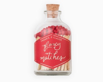 Red colored matches in a glass jar | Glass Match Jar with red tipped matches and cork | Glass jar of matches | Red matchsticks