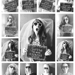 May include: Black and white photo of a group of friends holding signs that say "Palm Springs, CA Police Dept." with different humorous offenses and dates. The signs are decorated with a chalkboard style background.