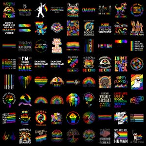 Puede incluir: Una colección de diseños gráficos con imágenes de orgullo arcoíris, que incluyen eslóganes como Be Yourself, Ally-saurus y We Are All Human, junto con símbolos como corazones, banderas, árboles y animales sobre un fondo negro.