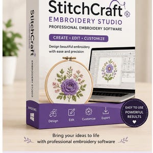 May include: A white and purple software box for StitchCraft Embroidery Studio. The box features text, a laptop displaying embroidery software, and a wooden embroidery hoop with a purple flower design. It includes icons for design, edit, customize, and export.