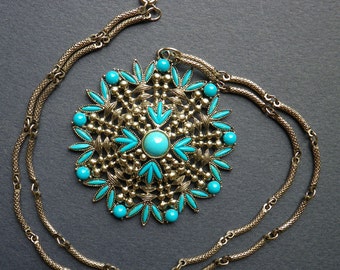 Black & Turquoise Patwa Thread Necklace with Multicolor Mosaic Pendant