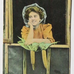 Farm Girl Postcard with rare One-Cent George Washington stamp, 1914