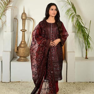 Black Thread Embroidered Khaddi Net 3-Piece Suit: Chikankari, Sequins, Lace