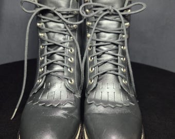 Botas vaqueras vintage Justin de cuero negro con cordones, estilo L0506, fabricadas en EE. UU., con flecos Kiltie, estilo western Packer, talla 6 B para mujer.