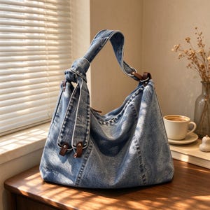 May include: A blue denim hobo bag featuring a washed fabric finish, a knotted shoulder strap, and brown leather accents at the strap attachment points. The bag has a slouchy, unstructured silhouette with visible seams and a top zipper closure.