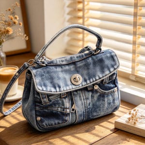 May include: A blue denim handbag featuring a top handle and a detachable shoulder strap. The bag has a flap closure secured with a silver-toned metal turn-lock, multiple exterior pockets with visible stitching, and a distressed wash finish.