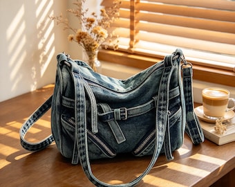 Vintage-Umhängetasche aus gewaschenem Denim, Schultertasche mit mehreren Reißverschlüssen, verstellbarer Riemen, lässige Hobo-Tasche aus Denim für Damen