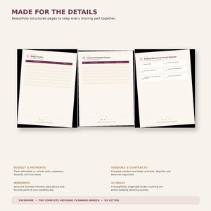 May include: Three white pages from a wedding planning binder titled MADE FOR THE DETAILS. The pages include a Budget Tracker, Contracts & Deposits Tracker, and Wedding Memories & Favorite Moments. The text includes sections for budget, payments, vendors, contracts, and memories, noting 42 pages in total for this US letter sized binder.