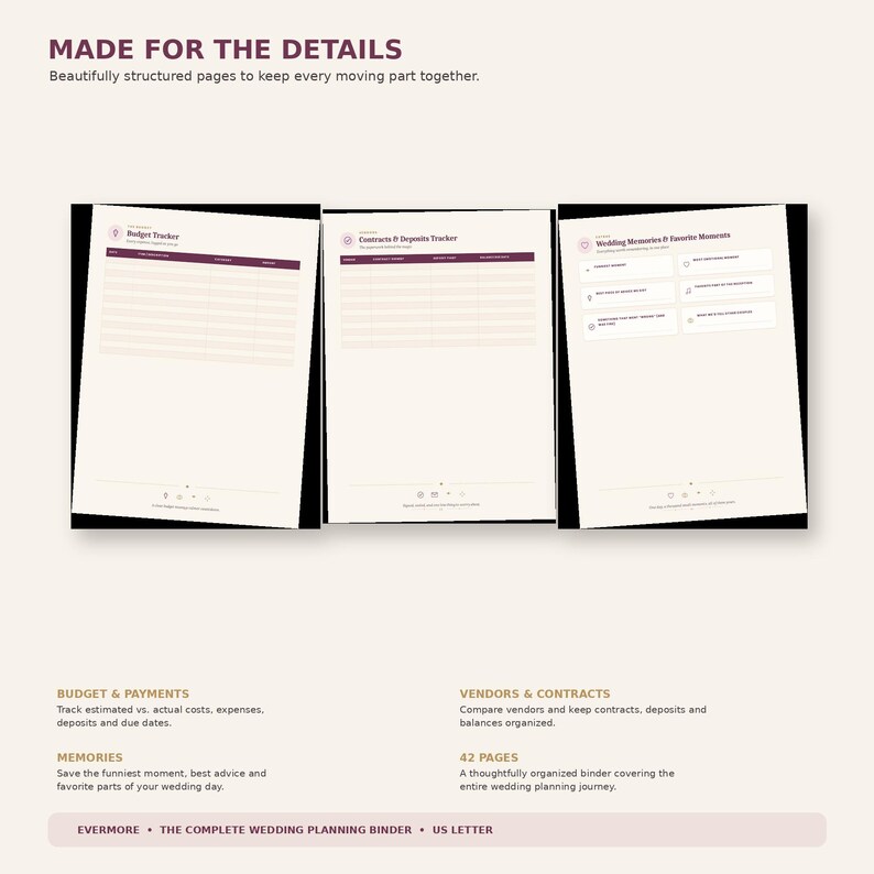 May include: Three white pages from a wedding planning binder titled MADE FOR THE DETAILS. The pages include a Budget Tracker, Contracts & Deposits Tracker, and Wedding Memories & Favorite Moments. The text includes sections for budget, payments, vendors, contracts, and memories, noting 42 pages in total for this US letter sized binder.
