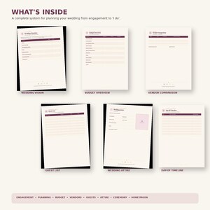 May include: A wedding planning system featuring six printed pages titled What's Inside, Wedding Priorities, Budget Overview, Vendor Comparison, Guest List, Wedding Attire, and Day-of Timeline. The bottom bar lists Engagement, Planning, Budget, Vendors, Guests, Attire, Ceremony, and Honeymoon.