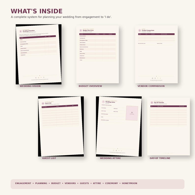 May include: A wedding planning system featuring six printed pages titled What's Inside, Wedding Priorities, Budget Overview, Vendor Comparison, Guest List, Wedding Attire, and Day-of Timeline. The bottom bar lists Engagement, Planning, Budget, Vendors, Guests, Attire, Ceremony, and Honeymoon.