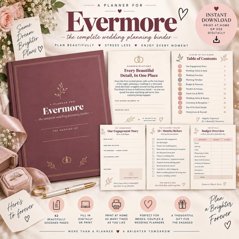 May include: A burgundy wedding planning binder titled Evermore with gold foil accents, accompanied by several printed planning pages including a table of contents, budget overview, and engagement story sheets, alongside a gold pen and a ring box.