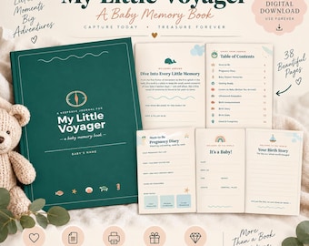 May include: A dark green keepsake journal titled My Little Voyager, a baby memory book. The set includes multiple pages with headings like Table of Contents, Pregnancy Diary, It's a Baby, and Your Birth Story, featuring illustrations of whales, sailboats, and sea life.