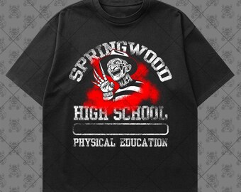 May include: A black short-sleeve t-shirt featuring a graphic of a character with a fedora and bladed glove. The text reads SPRINGWOOD HIGH SCHOOL PHYSICAL EDUCATION in white, distressed lettering over a red smoke-like background effect.