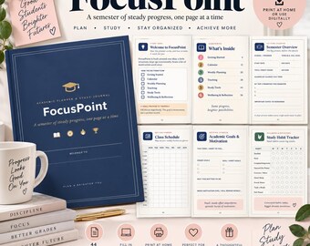 May include: A dark blue academic planner and study journal titled FocusPoint, featuring a graduation cap icon. The set includes multiple open pages showing a class schedule, study habit tracker, and goal setting sections, alongside a white mug.