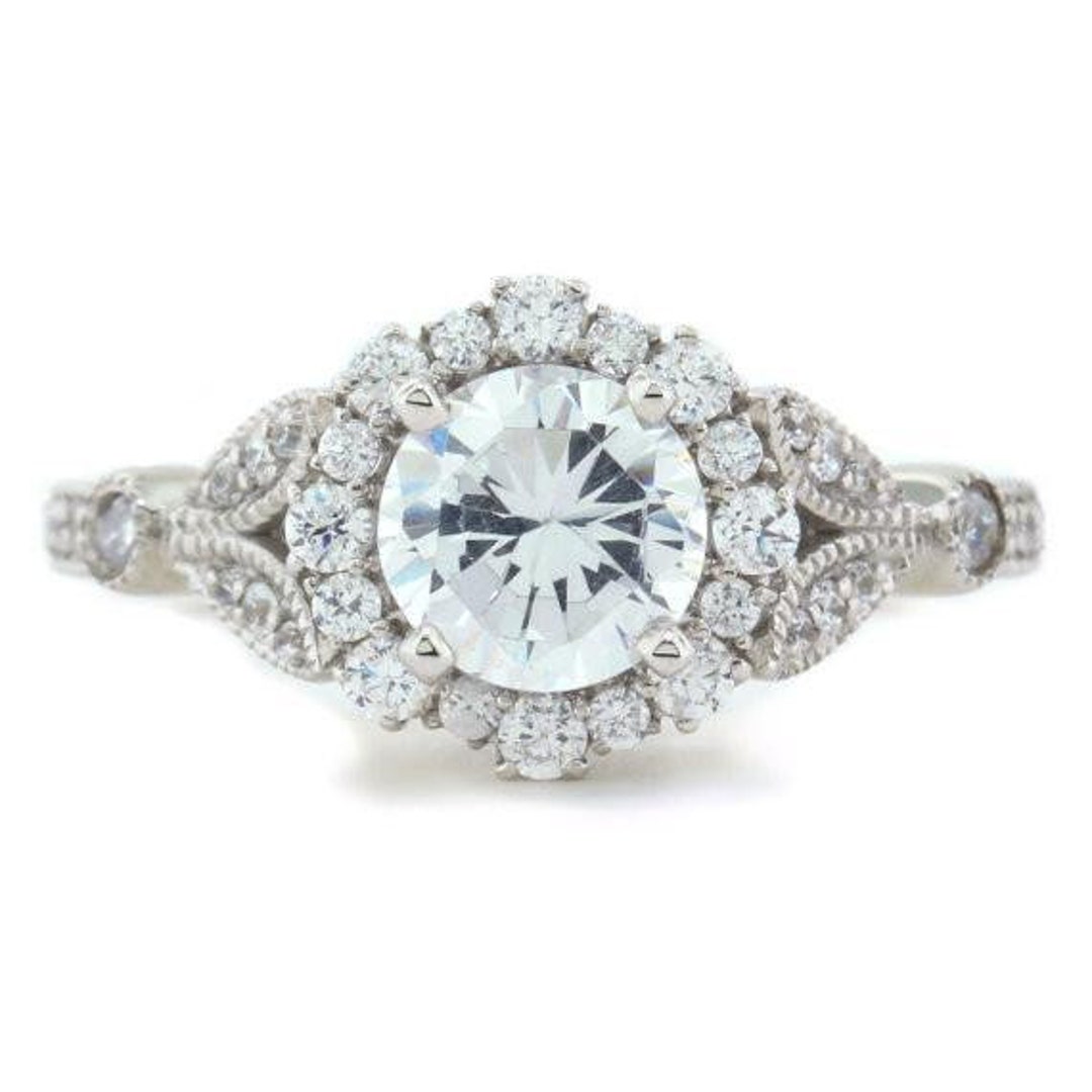 Vintage Floral Style Halo Diamond and Moissanite Engagement Etsy